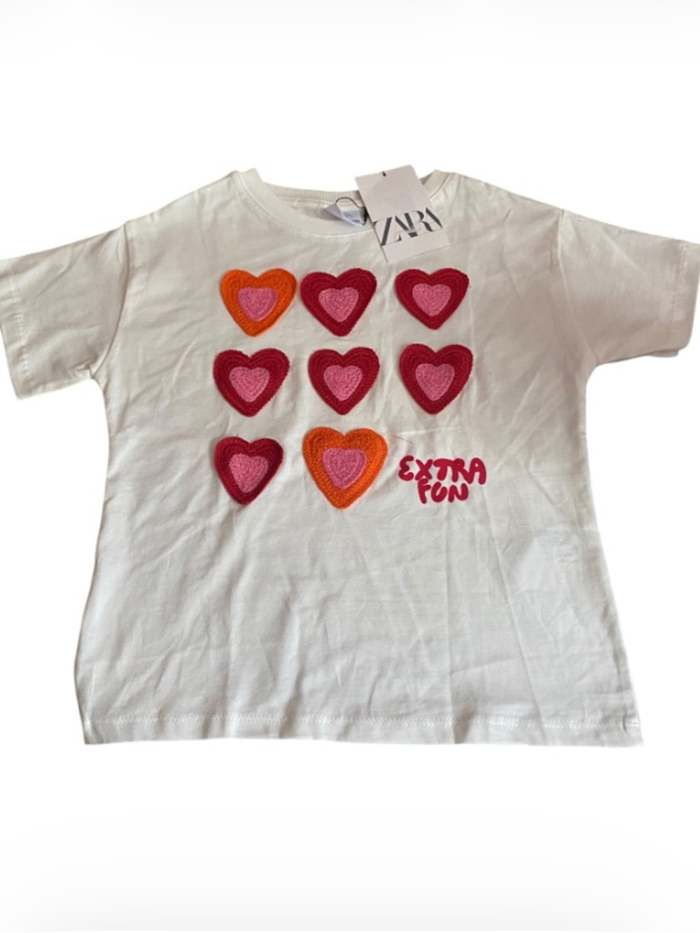 Zara T-shirt Crocheted Appliqued Embroidered Hearts text "EXTRA FUN” NWT sz 6/7